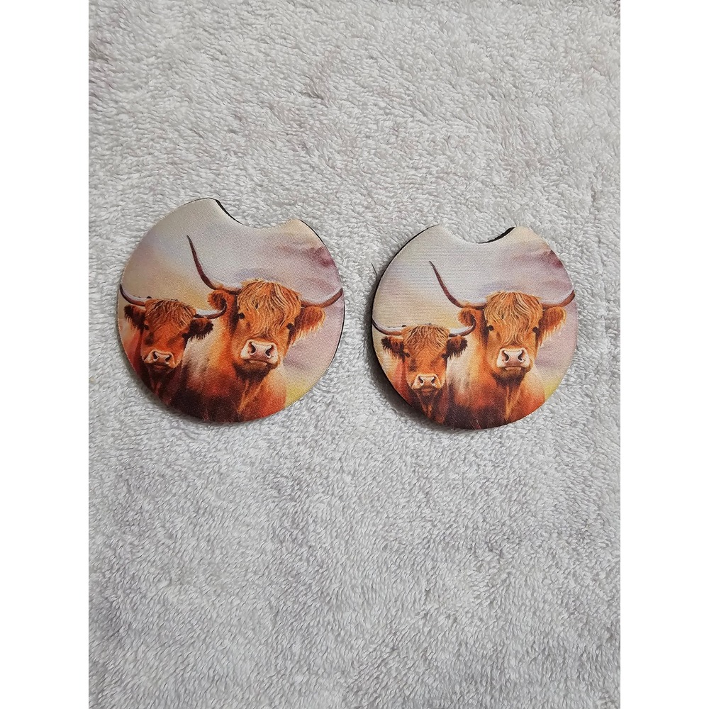 Highland Cow Car Coasters - Farmhouse Decor, Drink Coasters, Car Accessories‎